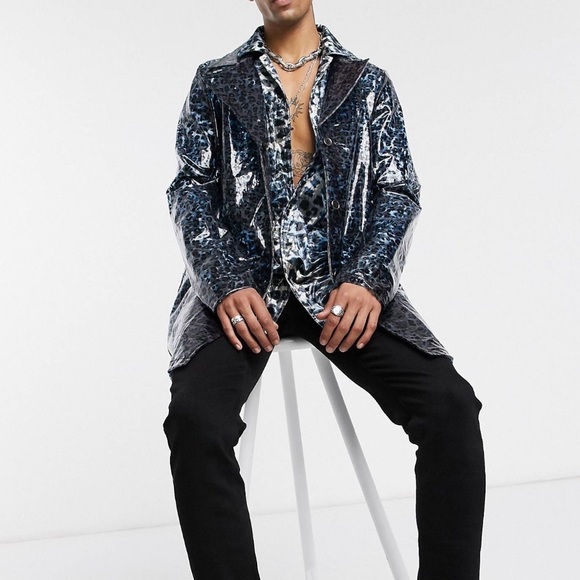 Leopard print trench coat vinyl mens ASOS ONE above the other - Picture 2 of 7